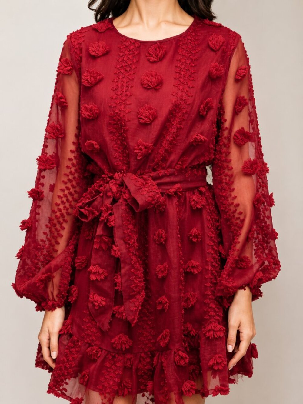 Title: A. Calin Flying Tomato Burgundy Floral Belted Long Sleeve Dress S